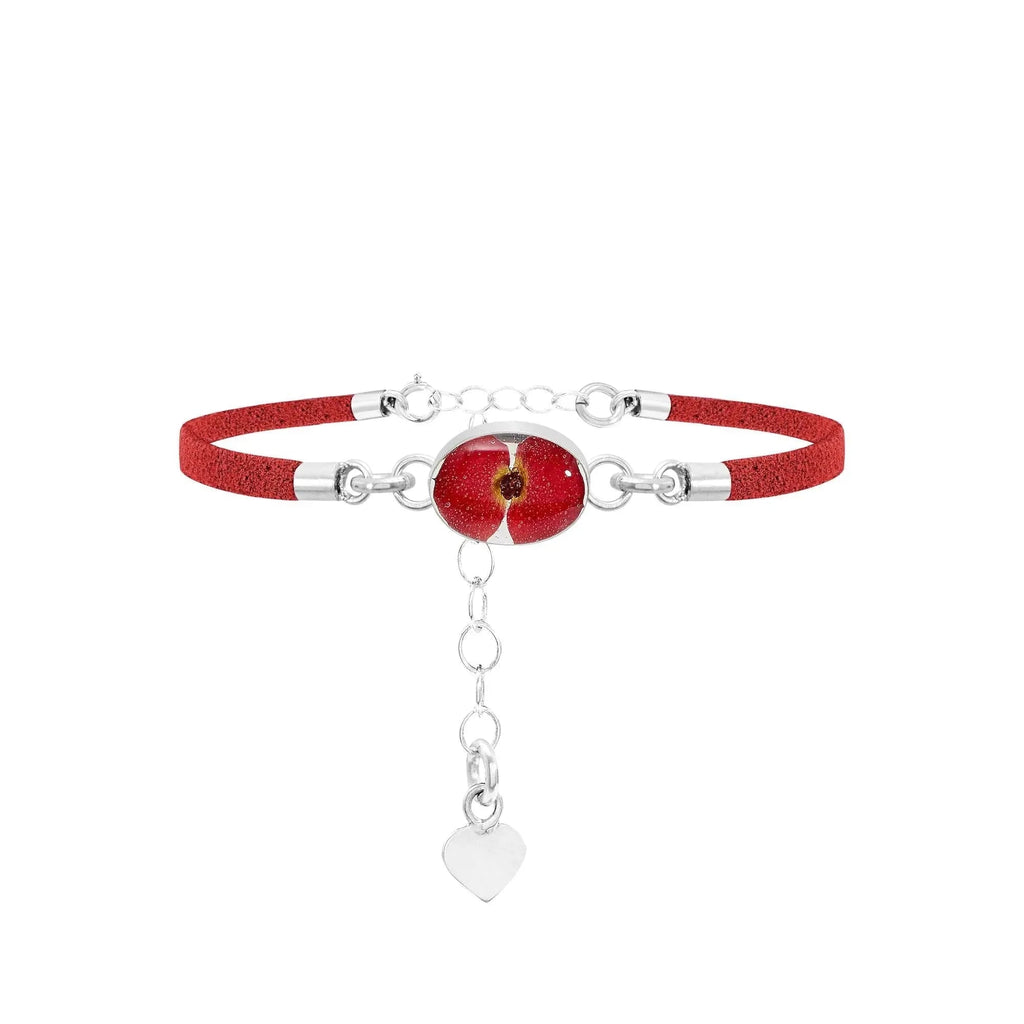 Funky Red Vegan Suede Bracelet with Preserved Poppy Flower Charm