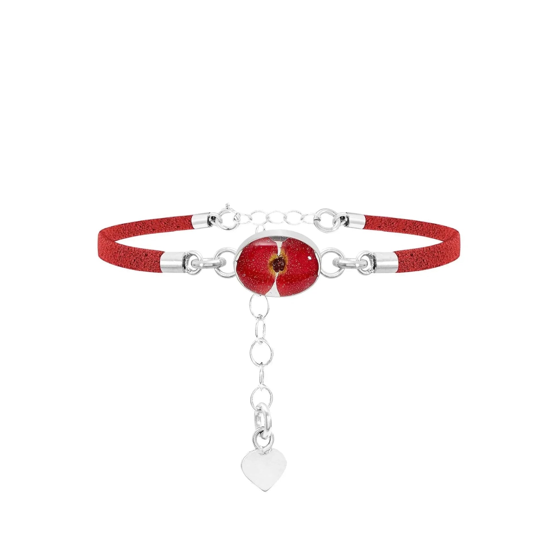 Funky Red Vegan Suede Bracelet with Preserved Poppy Flower Charm