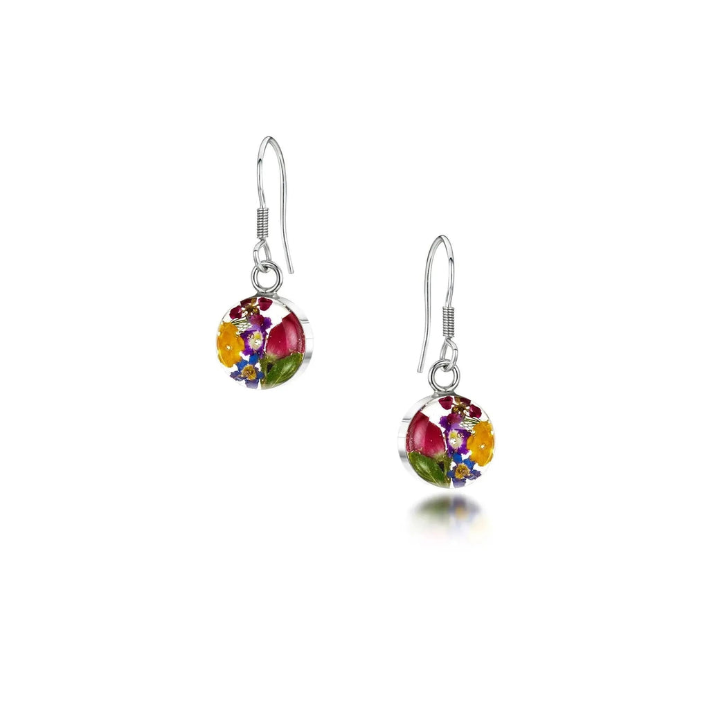 Handmade Sterling Silver Round Drop Earrings with Real Flowers