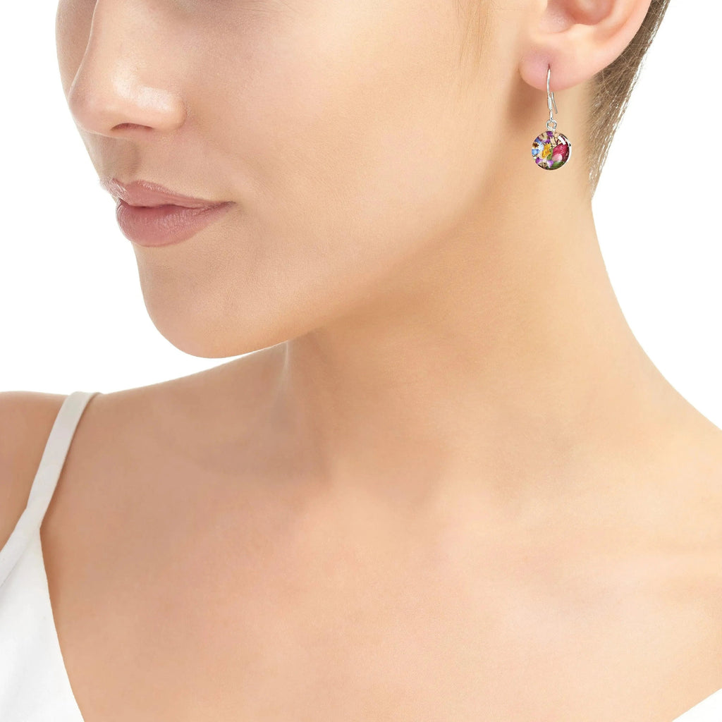 Handmade Sterling Silver Round Drop Earrings with Real Flowers