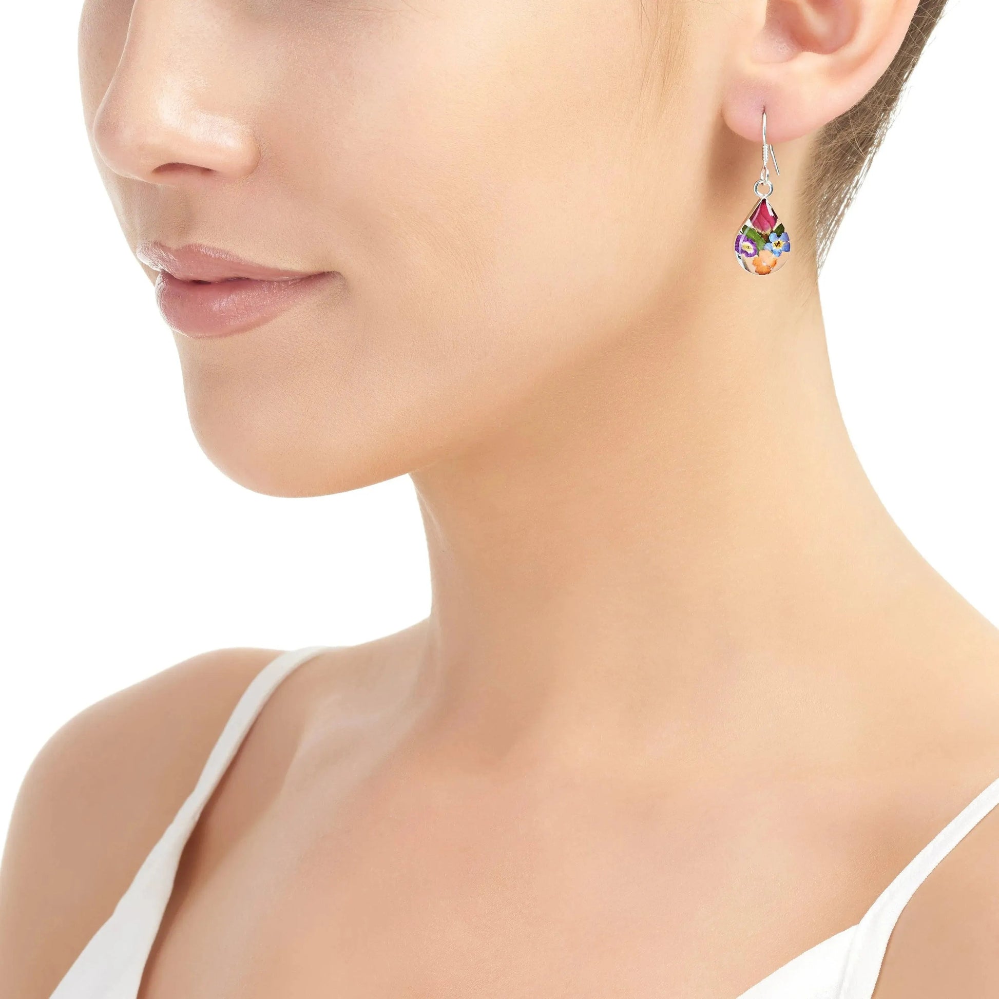Sterling Silver Teardrop Earrings with Real Miniature Roses and Forget-Me-Nots