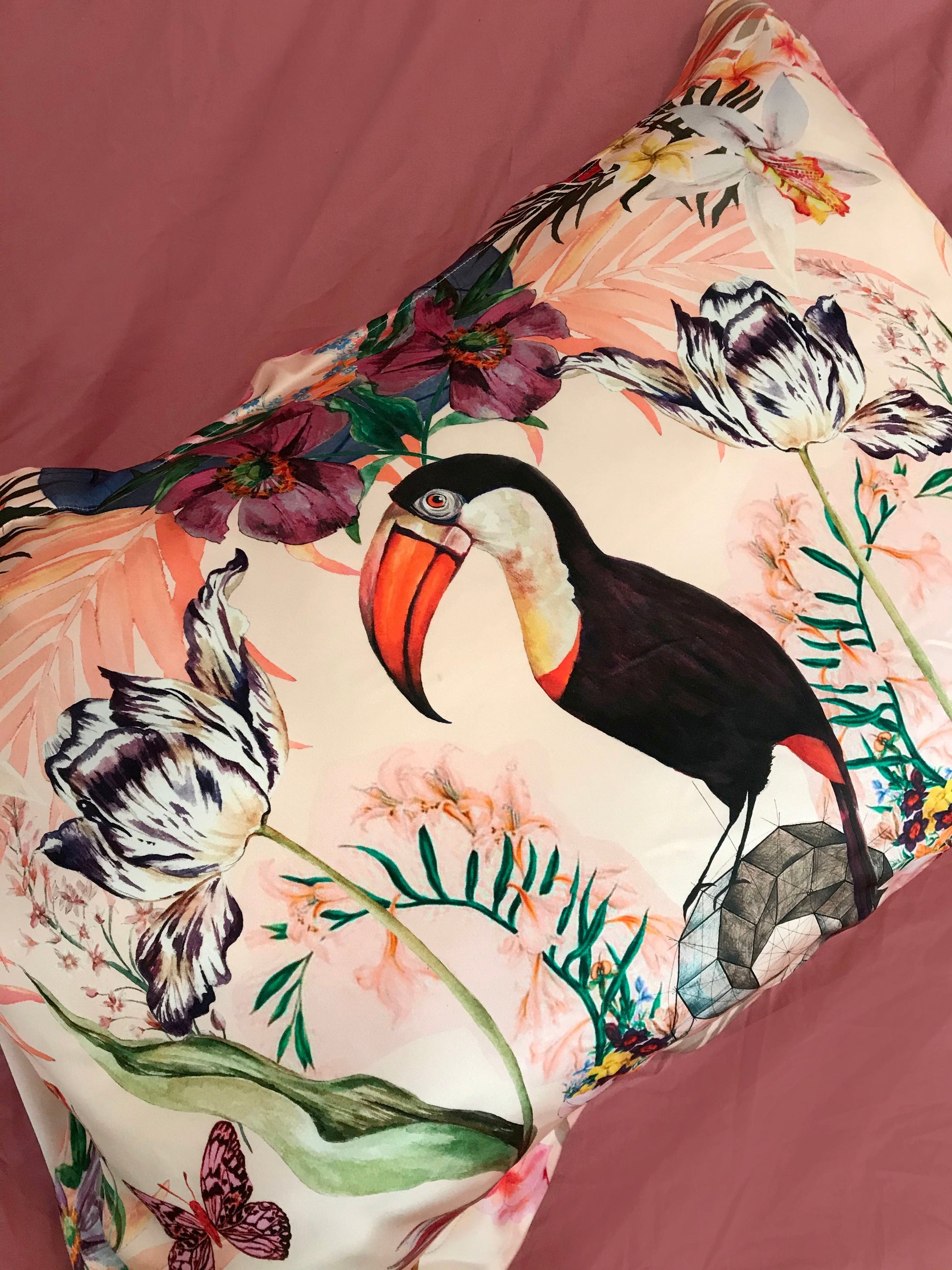 Botanical Silk Pillowcase in Hand Painted Eden Print Oxford Style