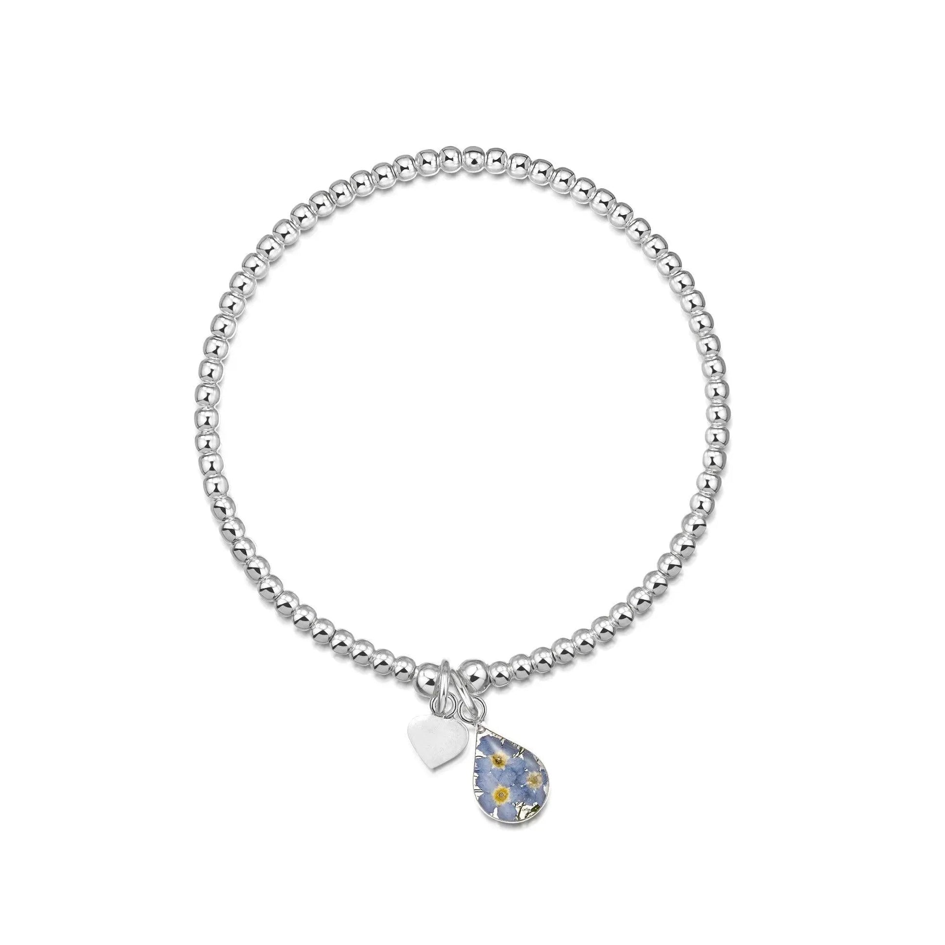 Silver Bead Bracelet with Real Forget Me Not Flower Charm
