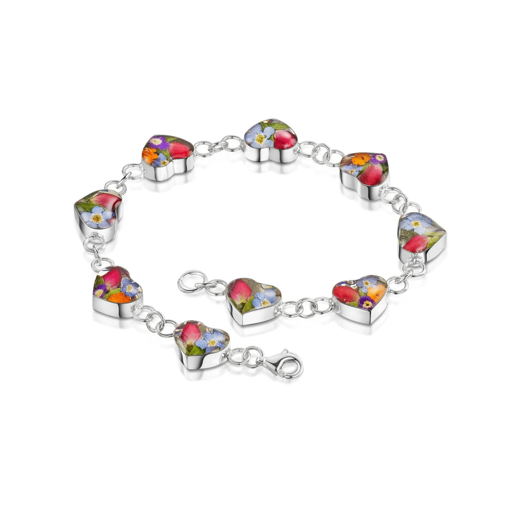 Sterling Silver Heart Link Bracelet with Real Forget Me Nots Purple Verbena and Miniature Roses