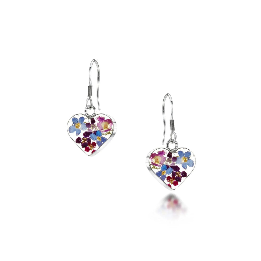Silver Drop Heart Earrings with Purple Flowers