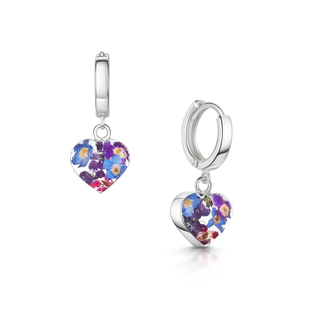 Silver Huggie Earring Purple Heart with Real Flowers