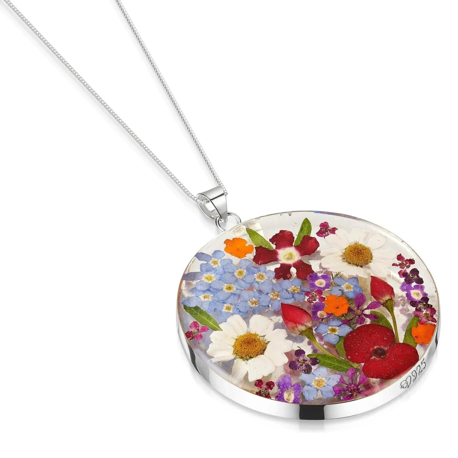 Sterling Silver Full Moon Pendant Necklace with Real Mixed Flowers