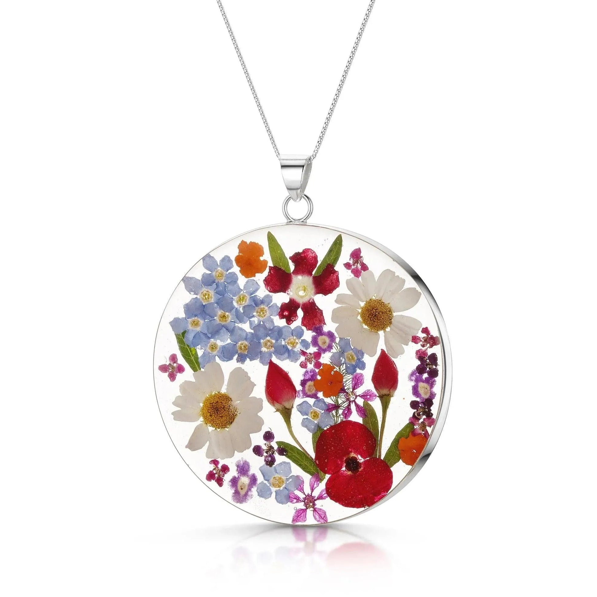 Sterling Silver Full Moon Pendant Necklace with Real Mixed Flowers