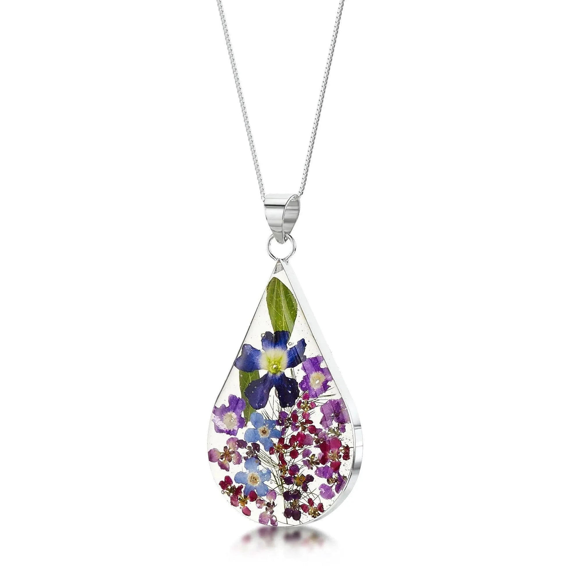 Silver Purple Haze Teardrop Pendant Necklace with Real Flowers