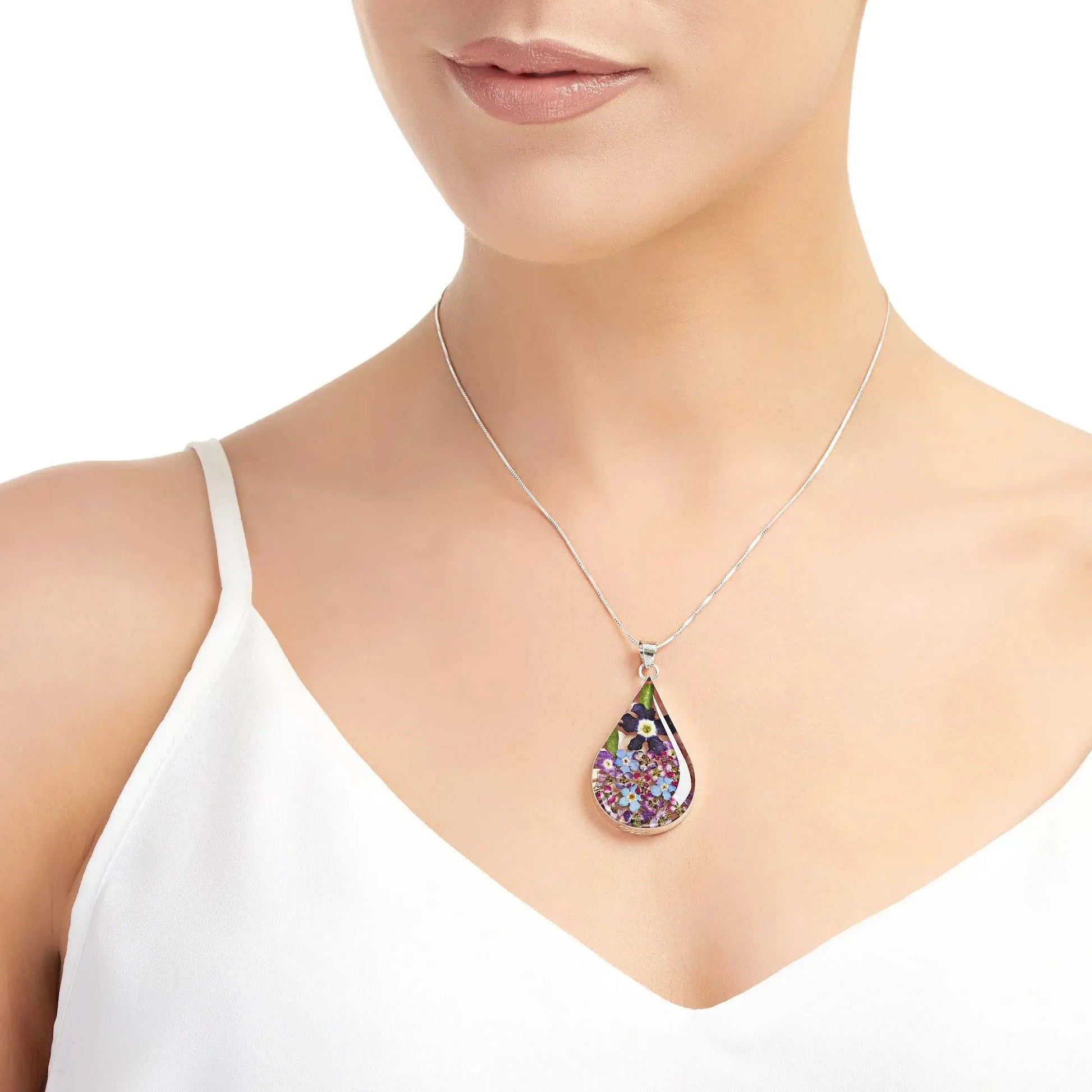 Silver Purple Haze Teardrop Pendant Necklace with Real Flowers