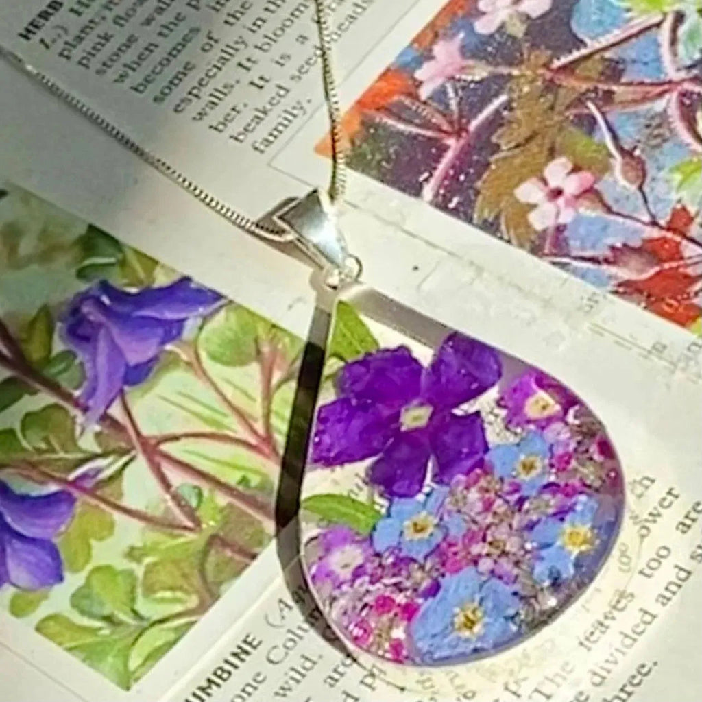Silver Purple Haze Teardrop Pendant Necklace with Real Flowers
