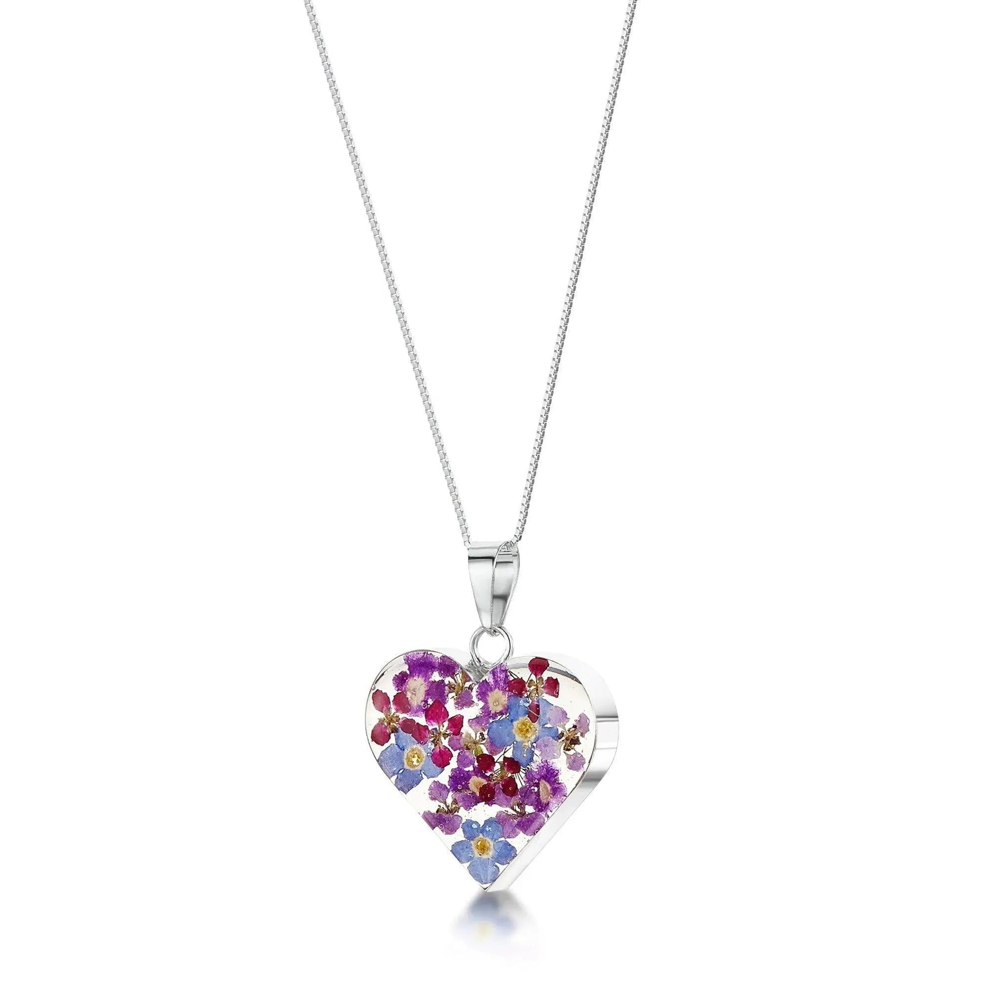 Sterling Silver Heart Pendant with Purple Flowers