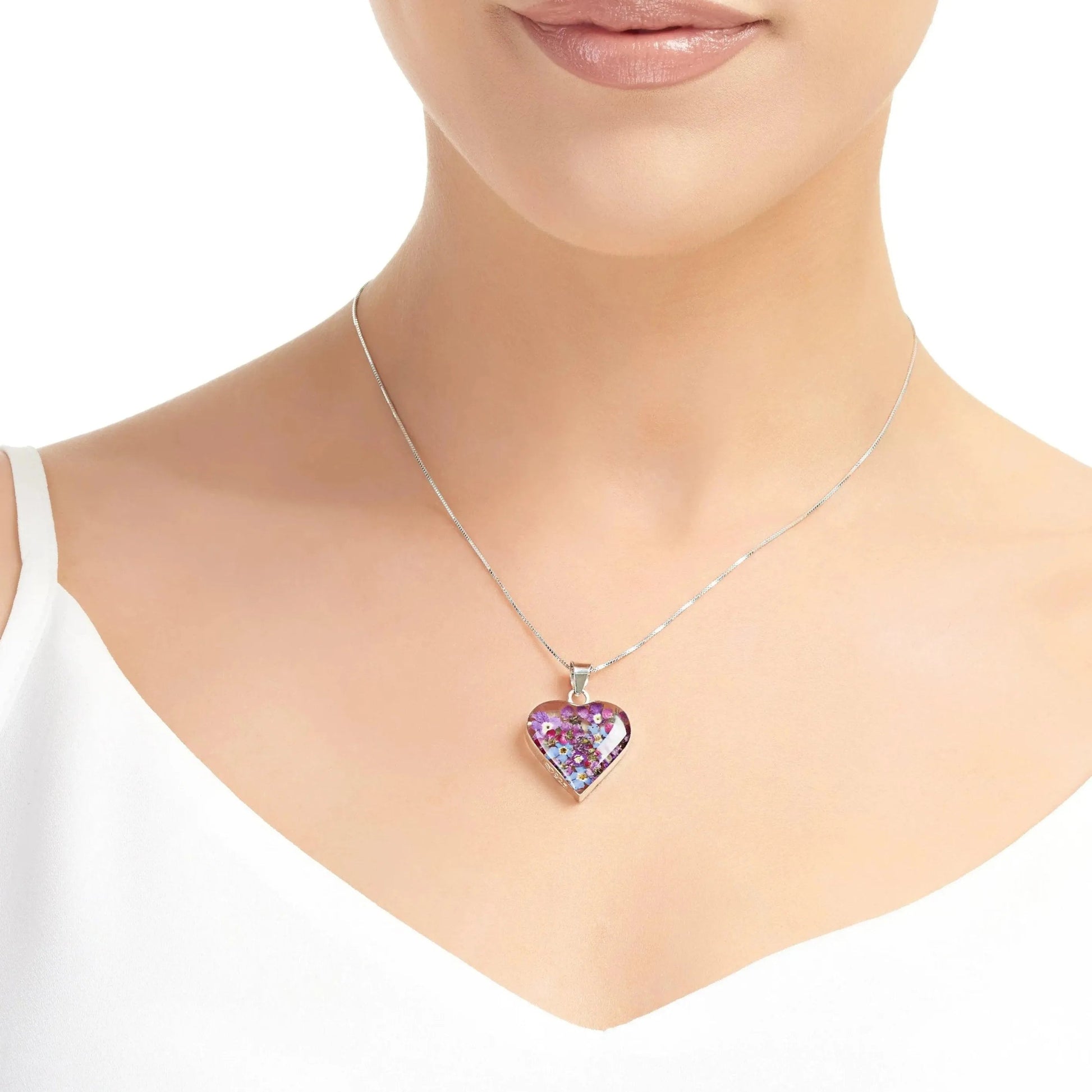 Sterling Silver Heart Pendant with Purple Flowers