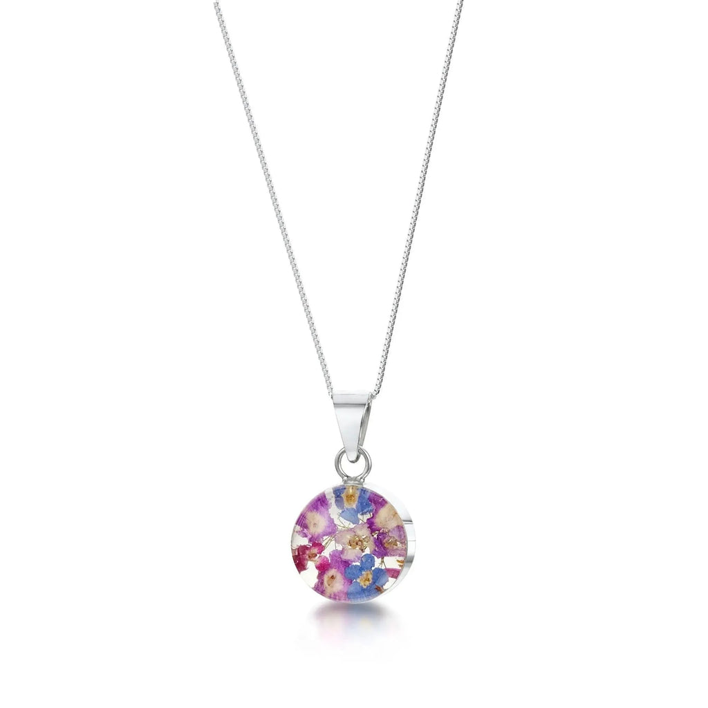 Purple Haze Round Pendant Necklace with Real Flowers in Sterling Silver