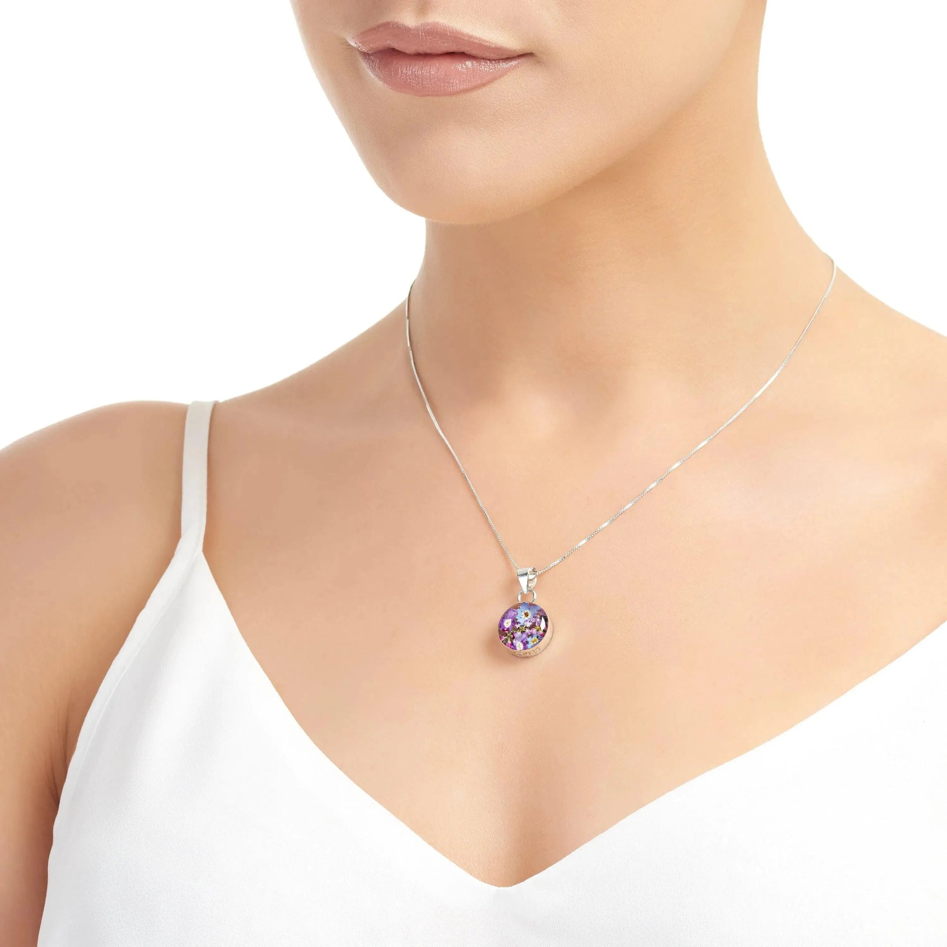 Purple Haze Round Pendant Necklace with Real Flowers in Sterling Silver