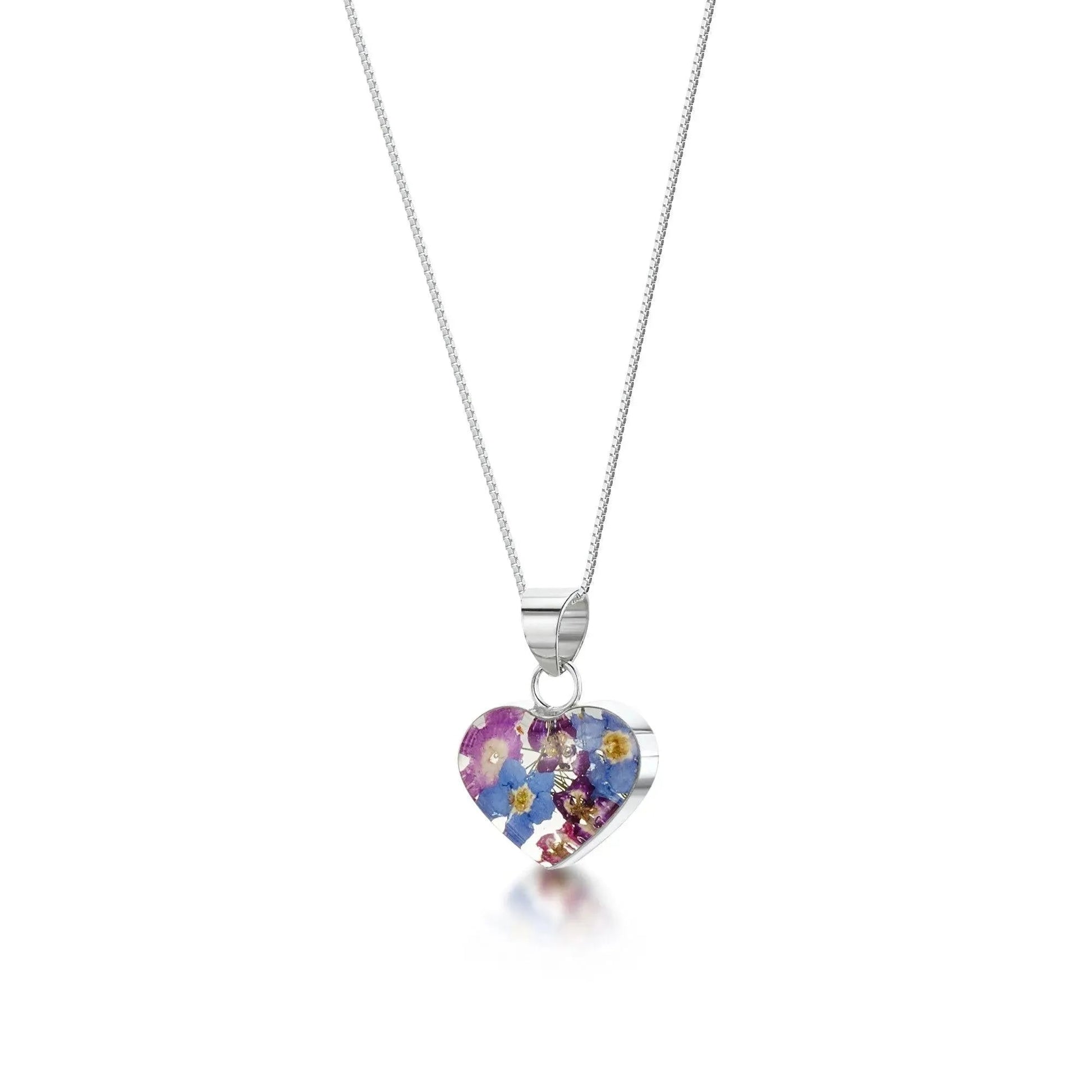 Sterling Silver Heart Pendant with Real Purple Verbena and Forget-me-nots