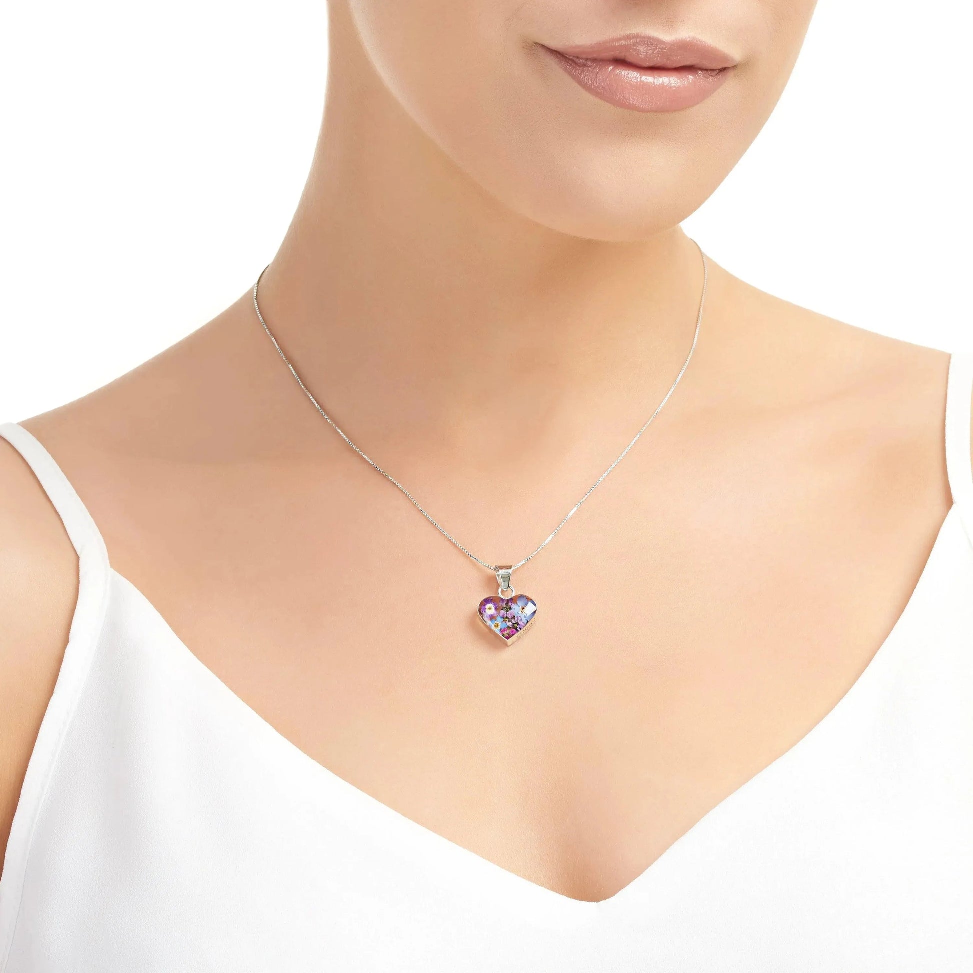 Sterling Silver Heart Pendant with Real Purple Verbena and Forget-me-nots