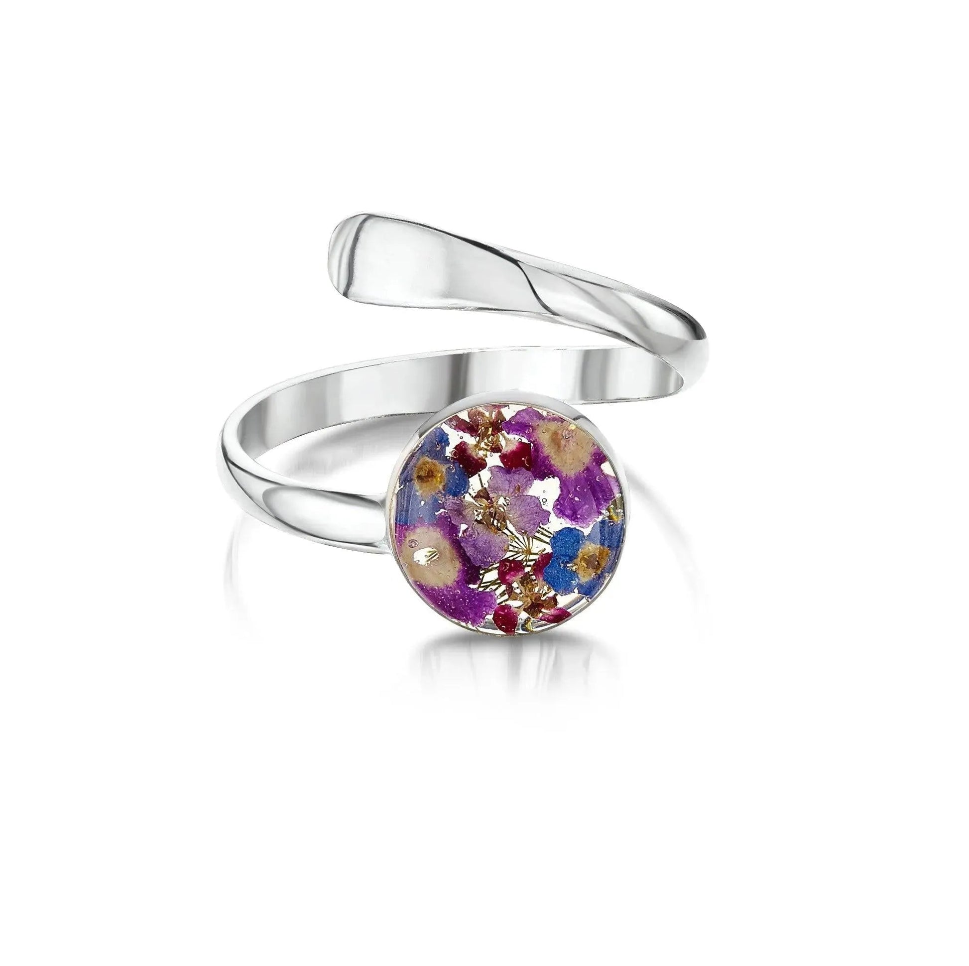 Sterling Silver Adjustable Ring with Purple Verbenas and Forget-me-nots