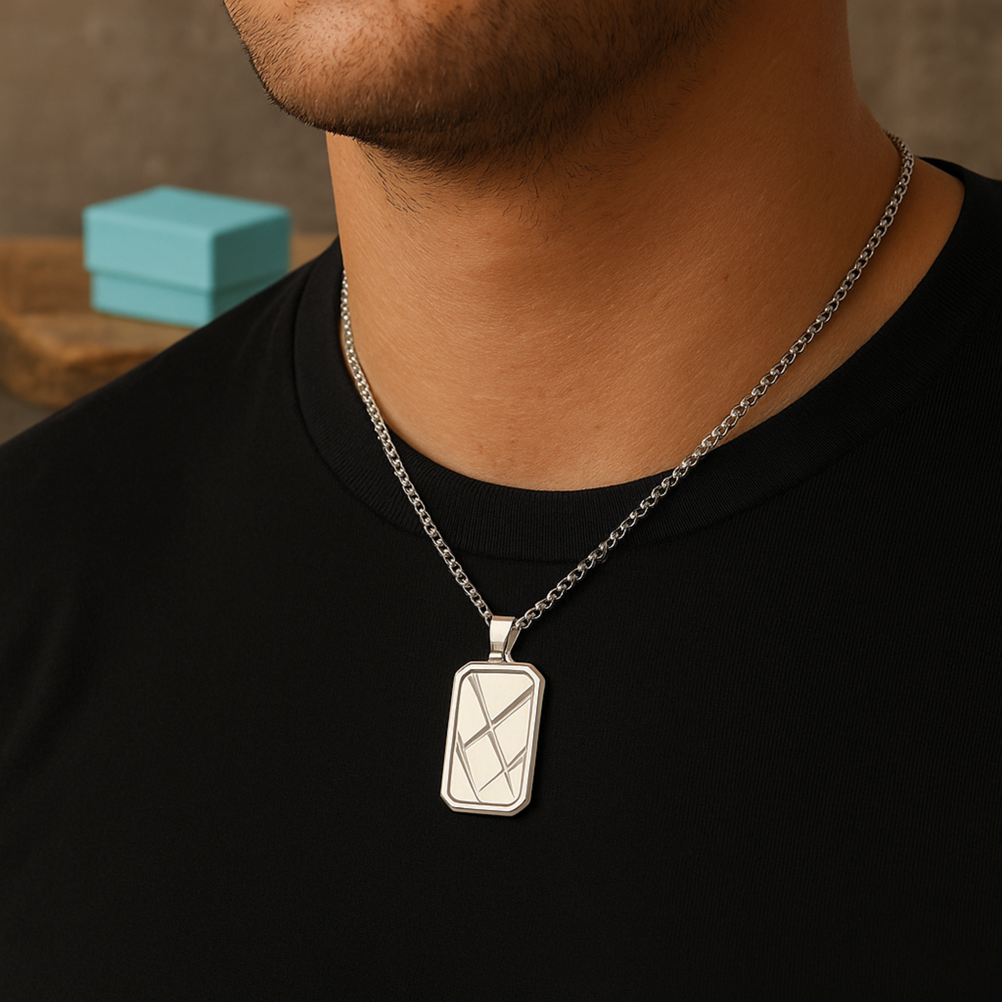 Personalised Men's Contemporary Silver Dog Tag Necklace