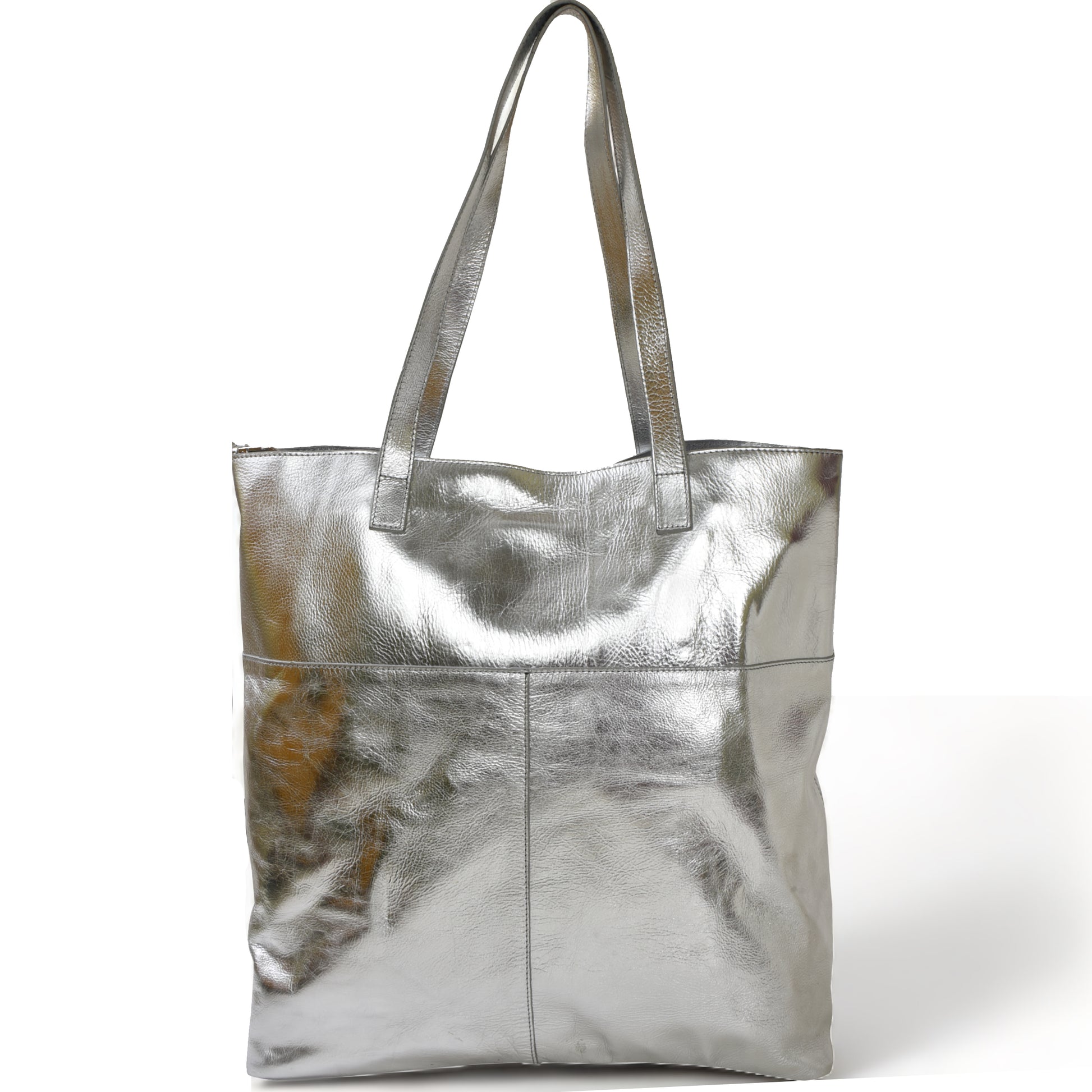 Silver Metallic Leather Tote Bag with Crossbody Strap