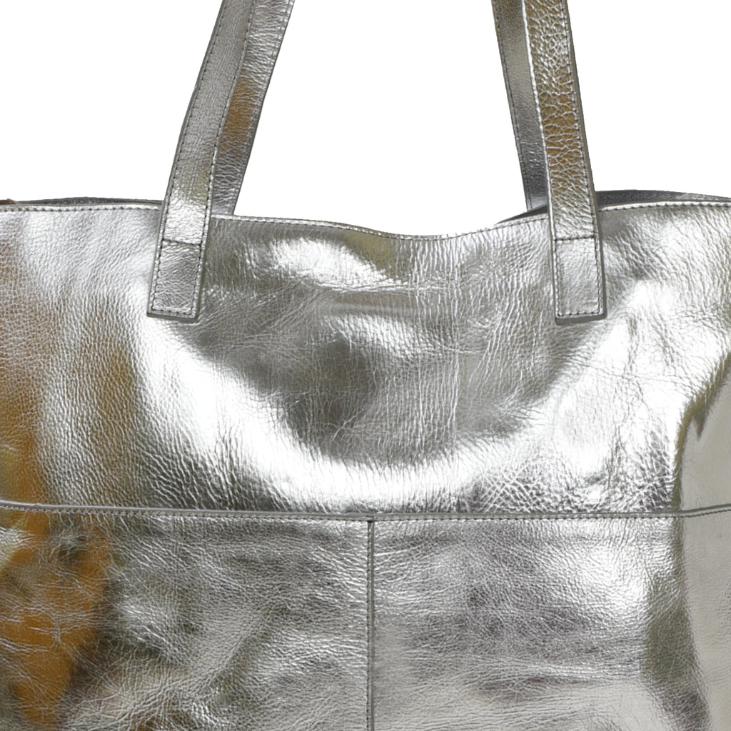 Silver Metallic Leather Tote Bag with Crossbody Strap