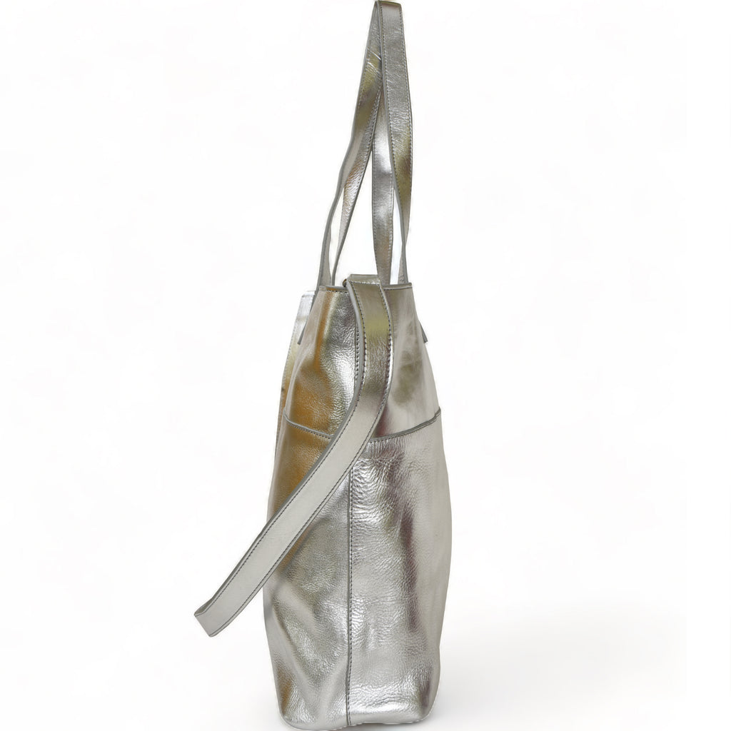 Silver Metallic Leather Tote Bag with Crossbody Strap