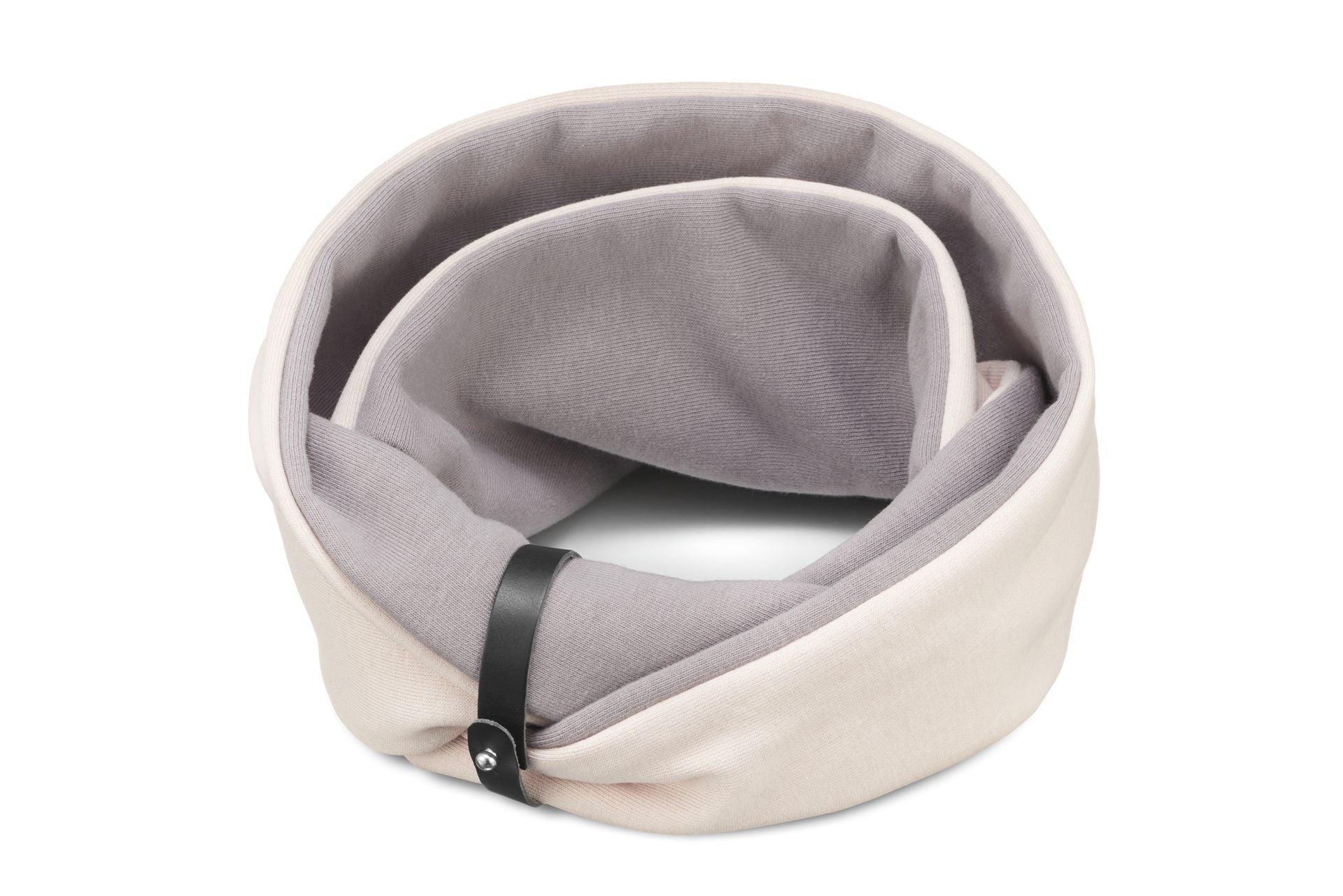 bold white sand and steel grey dog neck warmer with a sophisticated leather belt