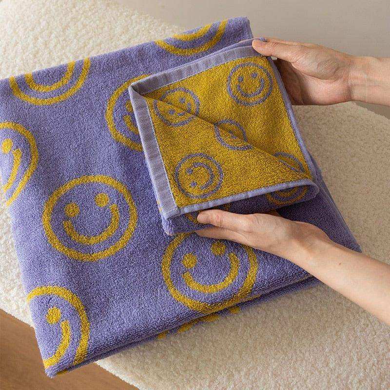 Smiling Face Bath Towel in Yellow Purple or Blue Purple