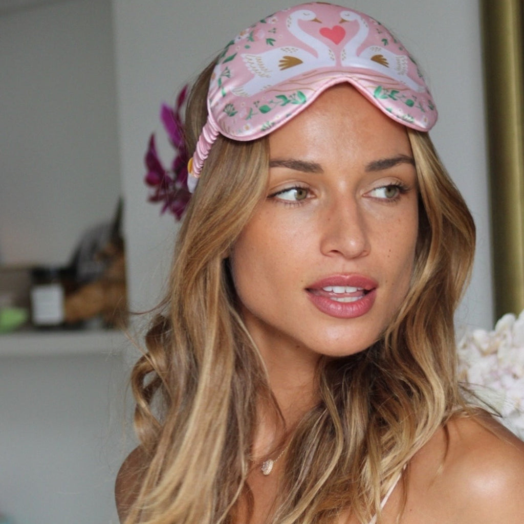 Cloud Padded Satin Sleep Mask with Swans Print