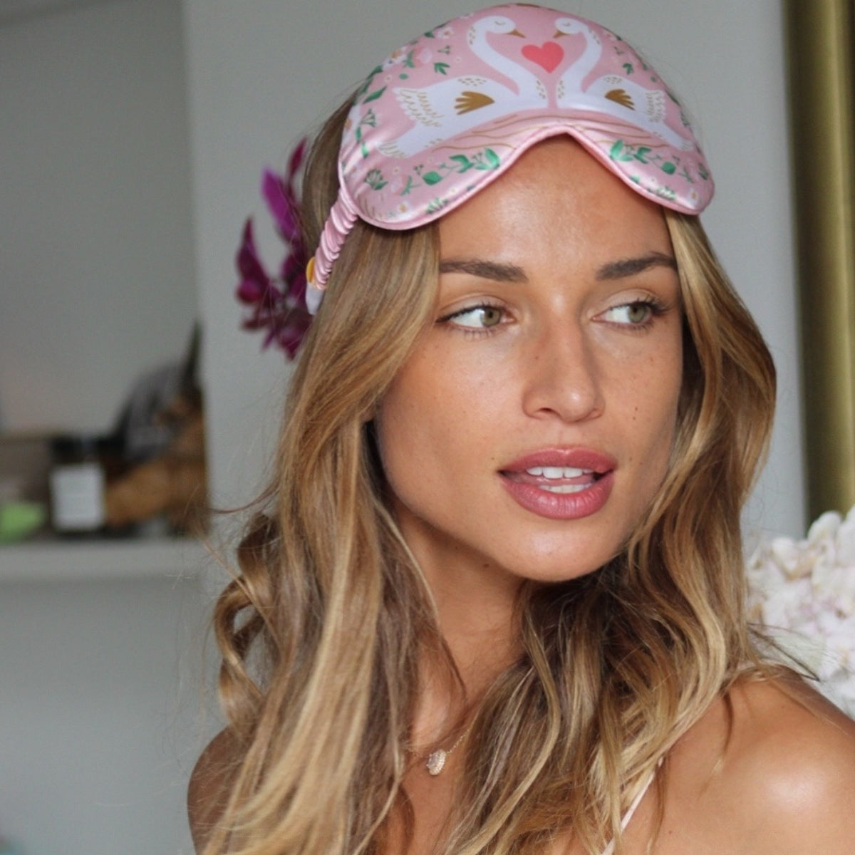 Cloud Padded Satin Sleep Mask with Swans Print