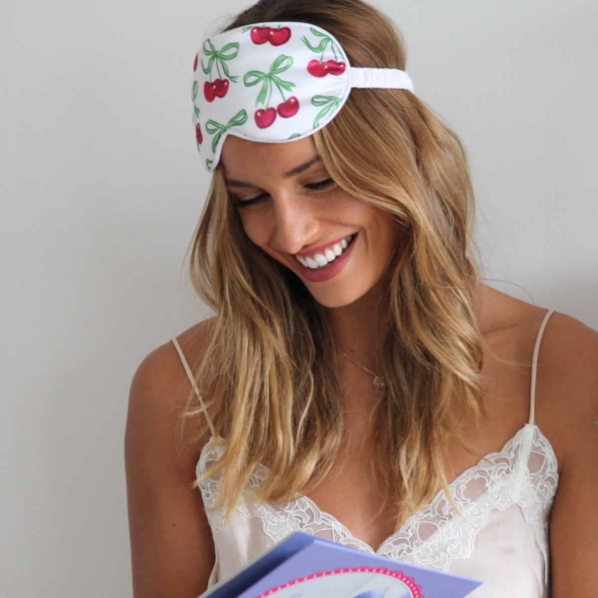Satin Sleep Mask White Cherries Print