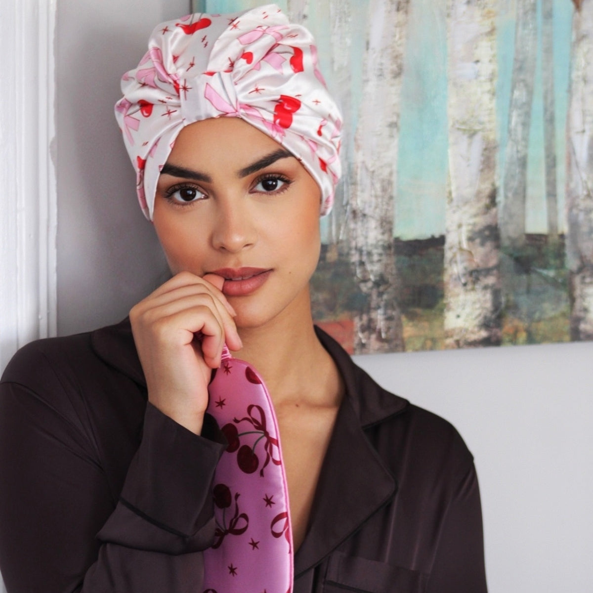 Satin Sleep Turban in Cherry Bows