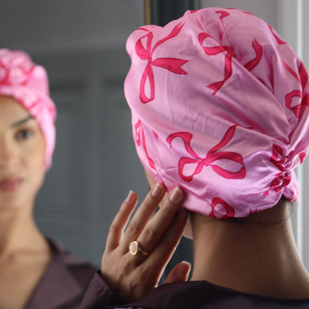 Satin Sleep Turban in Pink with Bows