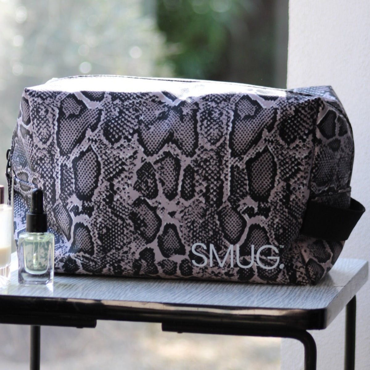 Snake Print Wash Bag in Grey and Black