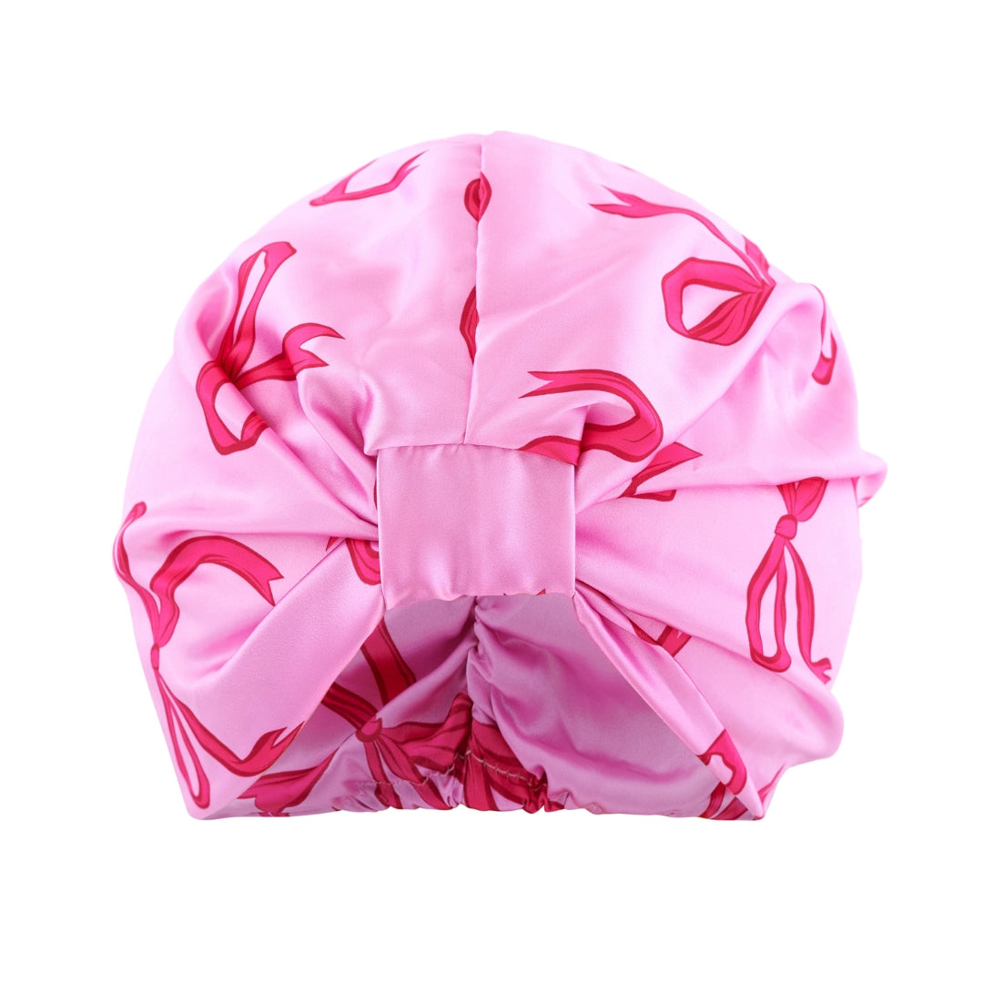 Satin Sleep Turban in Pink with Bows