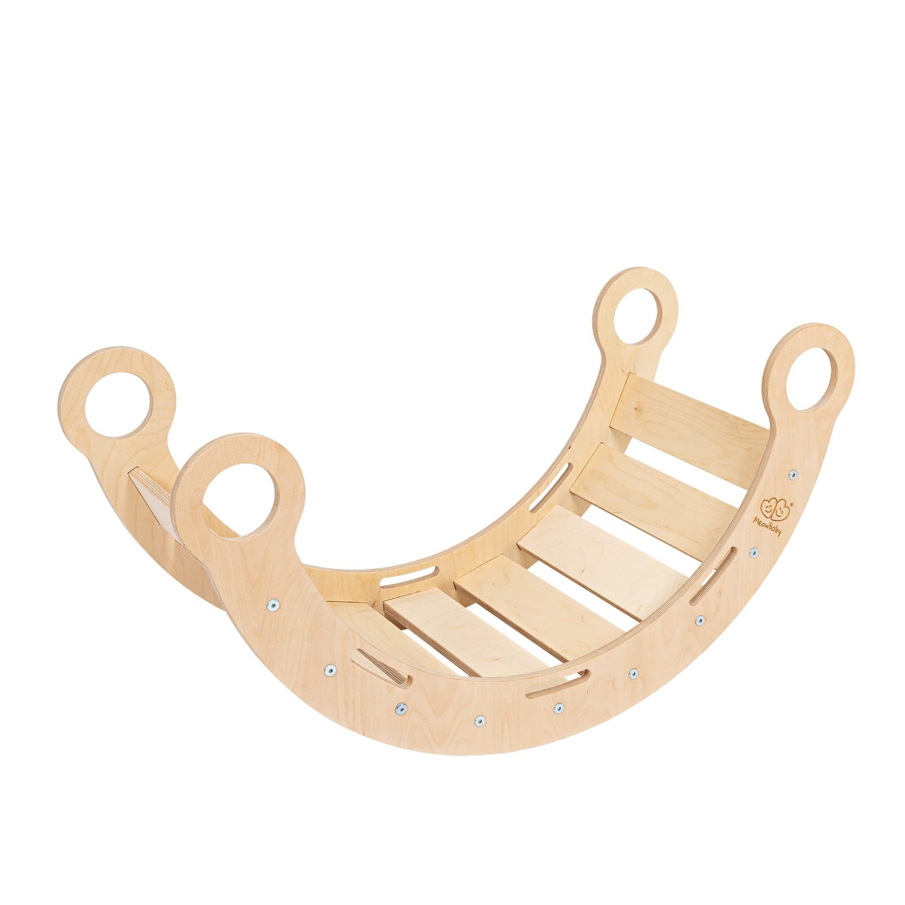 a soft pink pillow resting on the natural birch snug rocker for kids