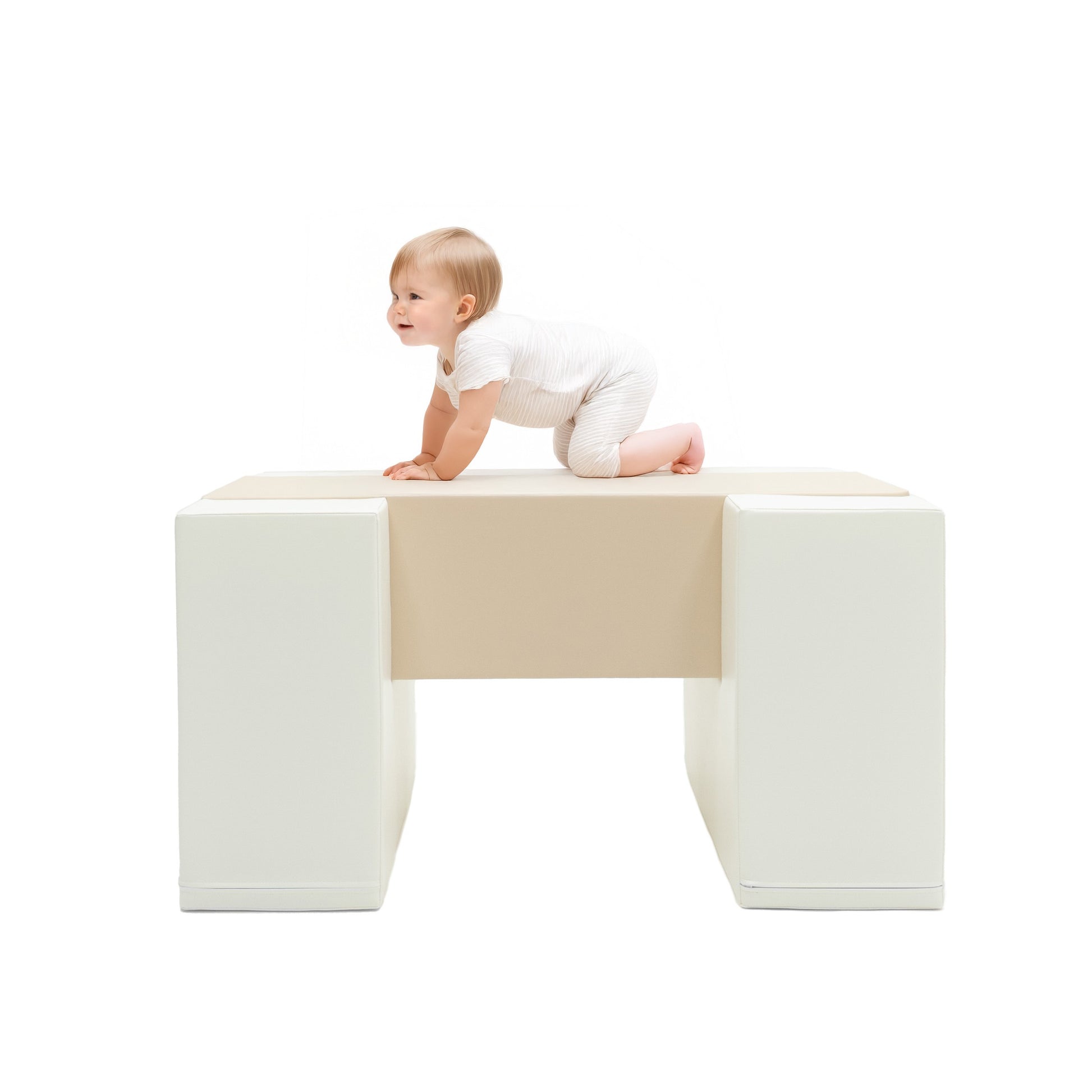 confident toddler crossing the iglu beige balance bridge for active indoor play