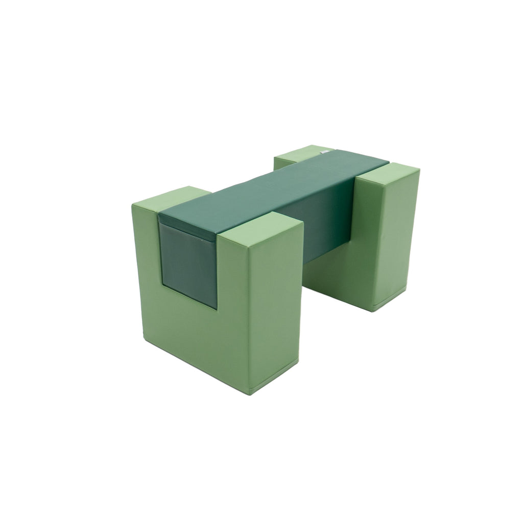 a soft green balance bridge from a gentle side angle, inviting calm and creative play