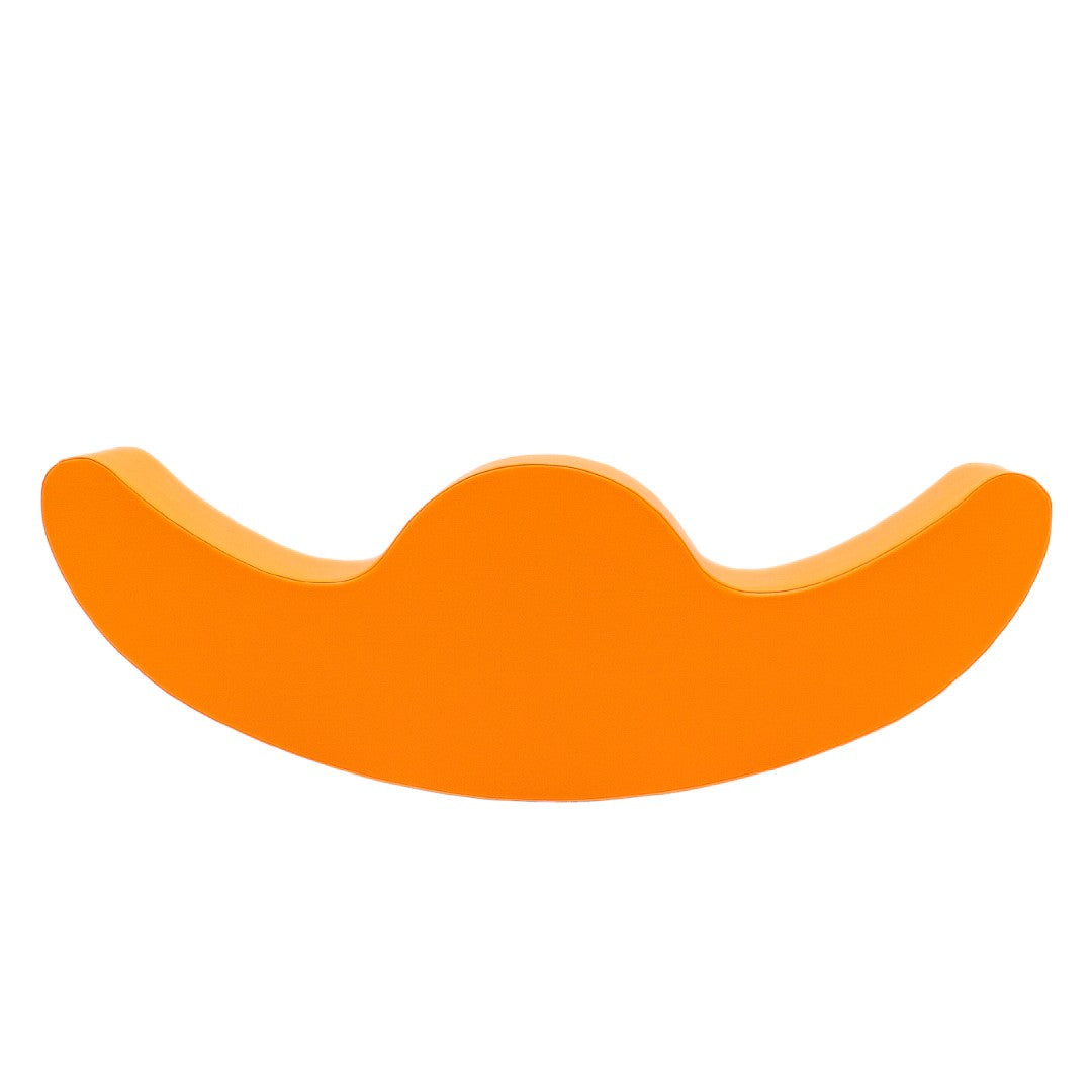 two toddlers laughing on a vibrant orange double rocker in a sunlit playroom