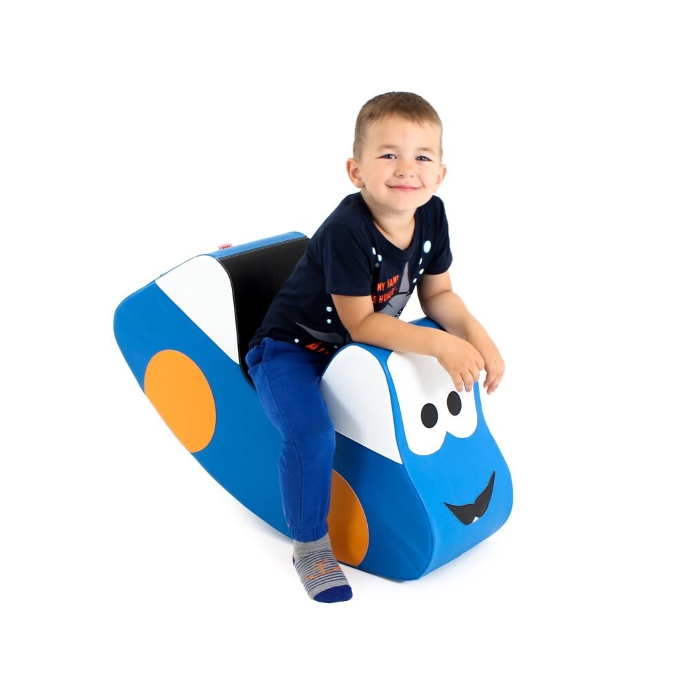 a soft blue ride-on car toy for toddlers, shown in a cozy nursery setting with gentle morning light