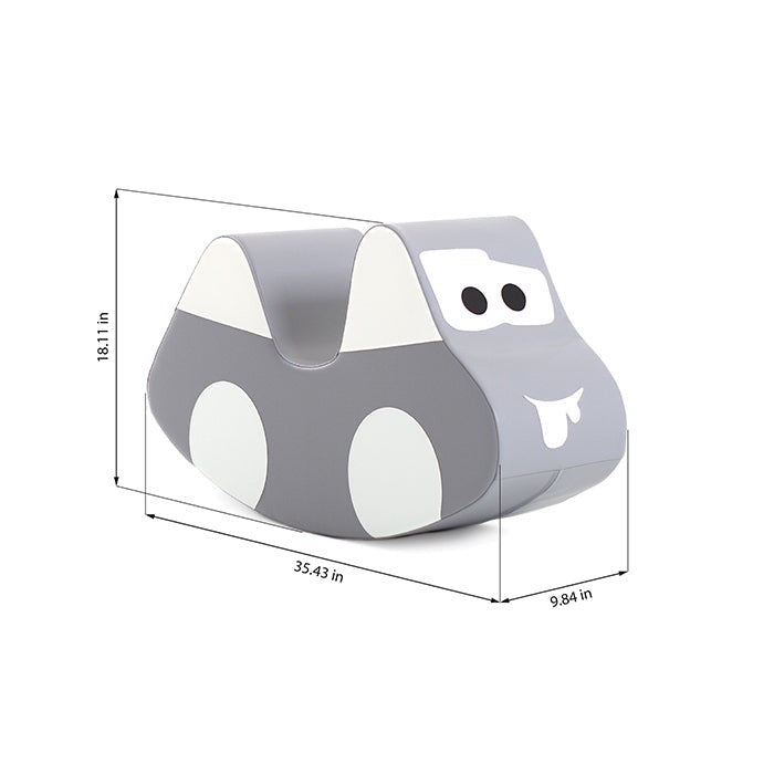 grey plush ride-on car toy for kids shown in a bright, clean nursery setting