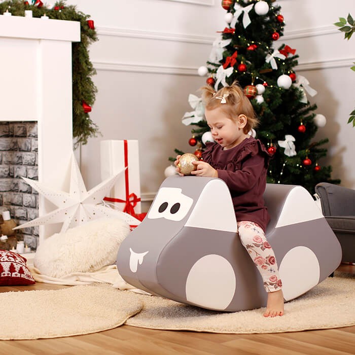 elegant grey soft play car ride-on toy for kids, fostering balance and imagination with eco-friendly foam