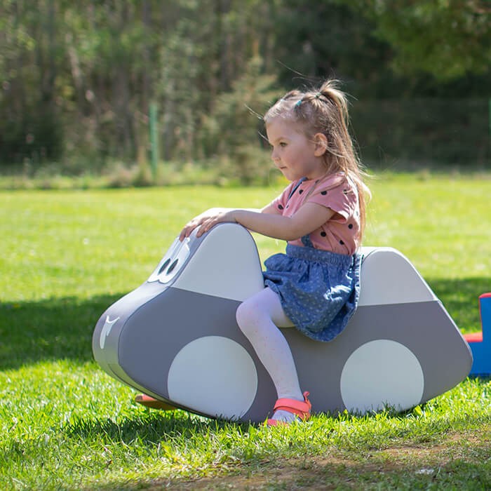 bold grey soft play ride-on car for kids, boosting balance and motor skills with durable eco-leather