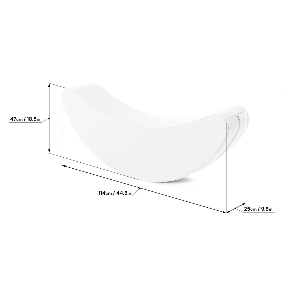 smiling toddler rocking on a soft white banana toy in a sunlit playroom