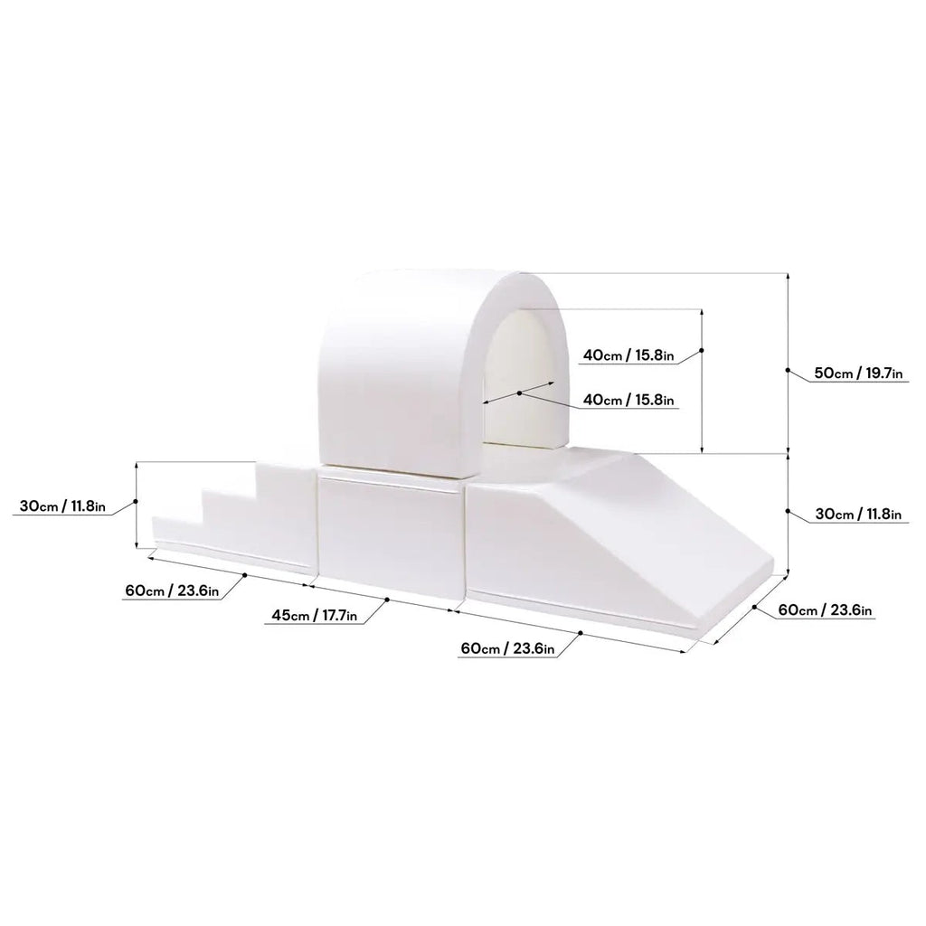 elegant white soft play tunnel in a bright, minimalist nursery setting