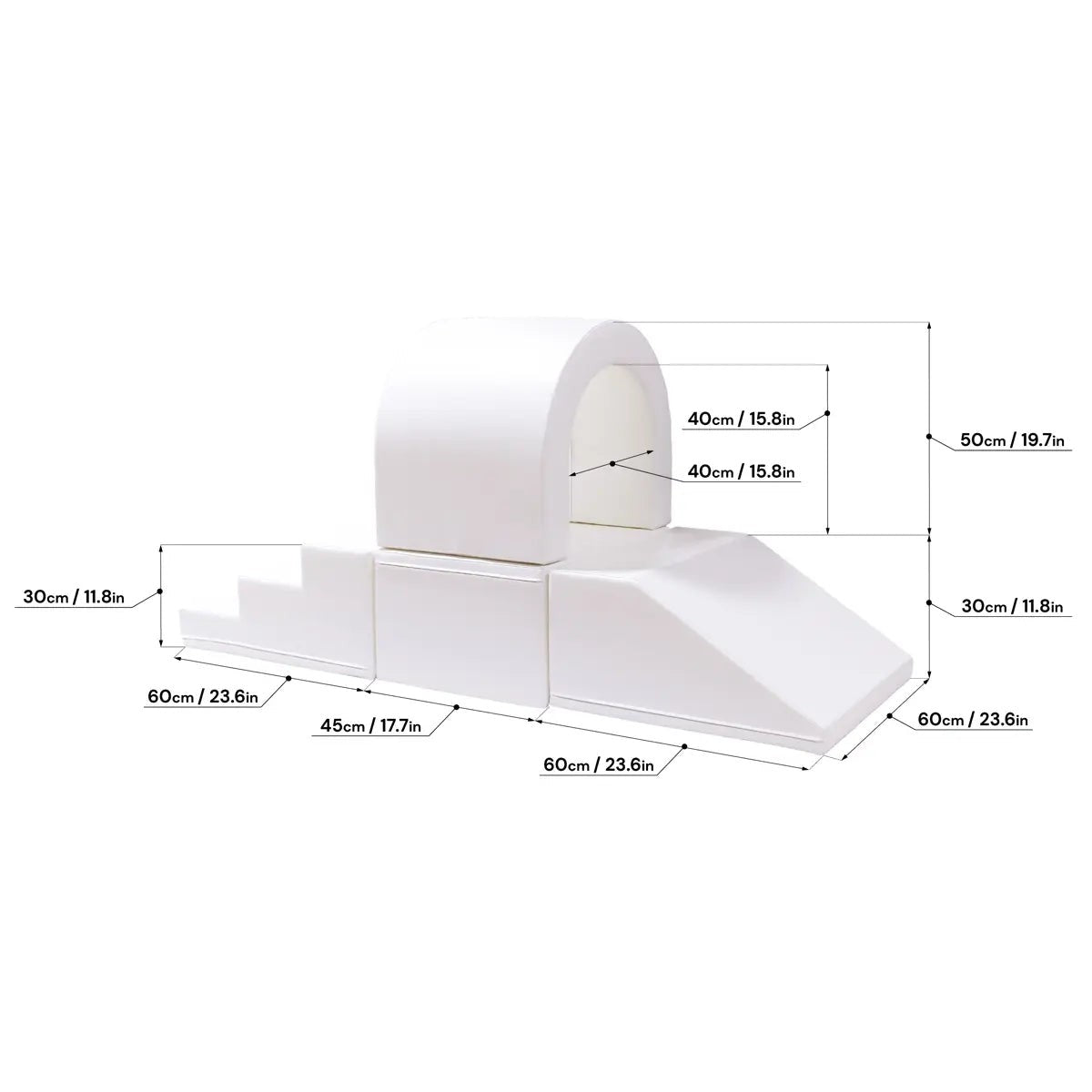 elegant white soft play tunnel in a bright, minimalist nursery setting