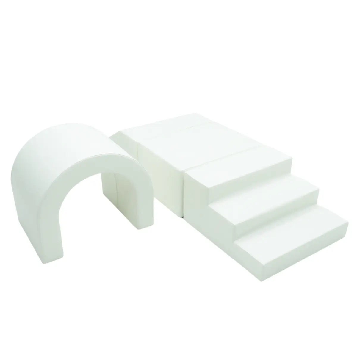 a child peeking out from the end of a soft white play tunnel, inviting adventure