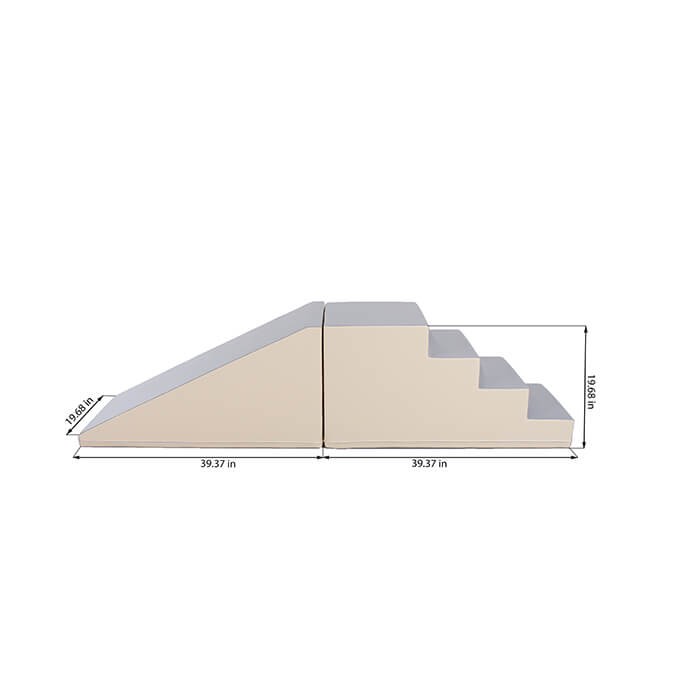 beige and grey soft play step and slide set with a toddler giggling at the top, ready to slide down