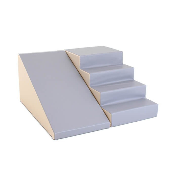 beige and grey soft play step and slide set with kids laughing and climbing in a sunlit playroom