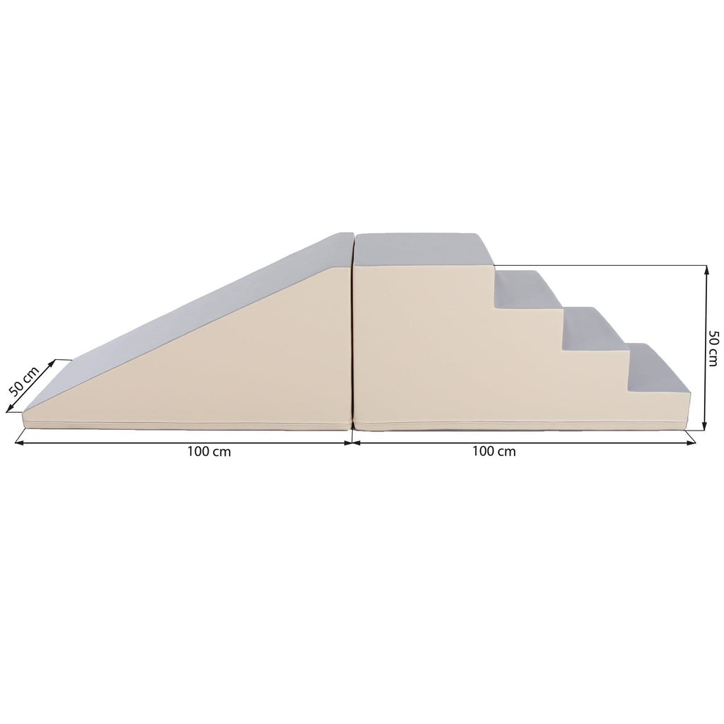 beige and grey soft play step and slide set with kids giggling as they climb and slide